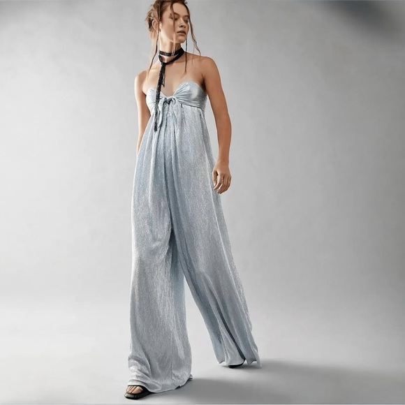 FREE PEOPLE Olivia Strapless Silver Metallic Jumpsuit